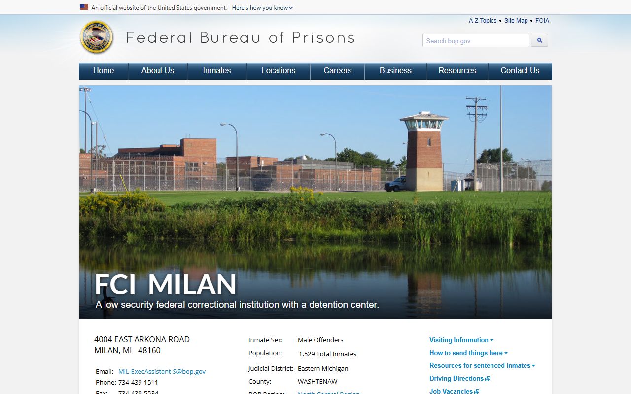 Federal Correctional Institution Milan inmate lookup institution page