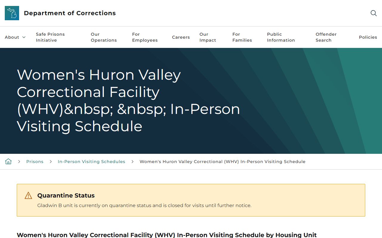 Women's Huron Valley Correctional Facility visiting schedule by housing unit