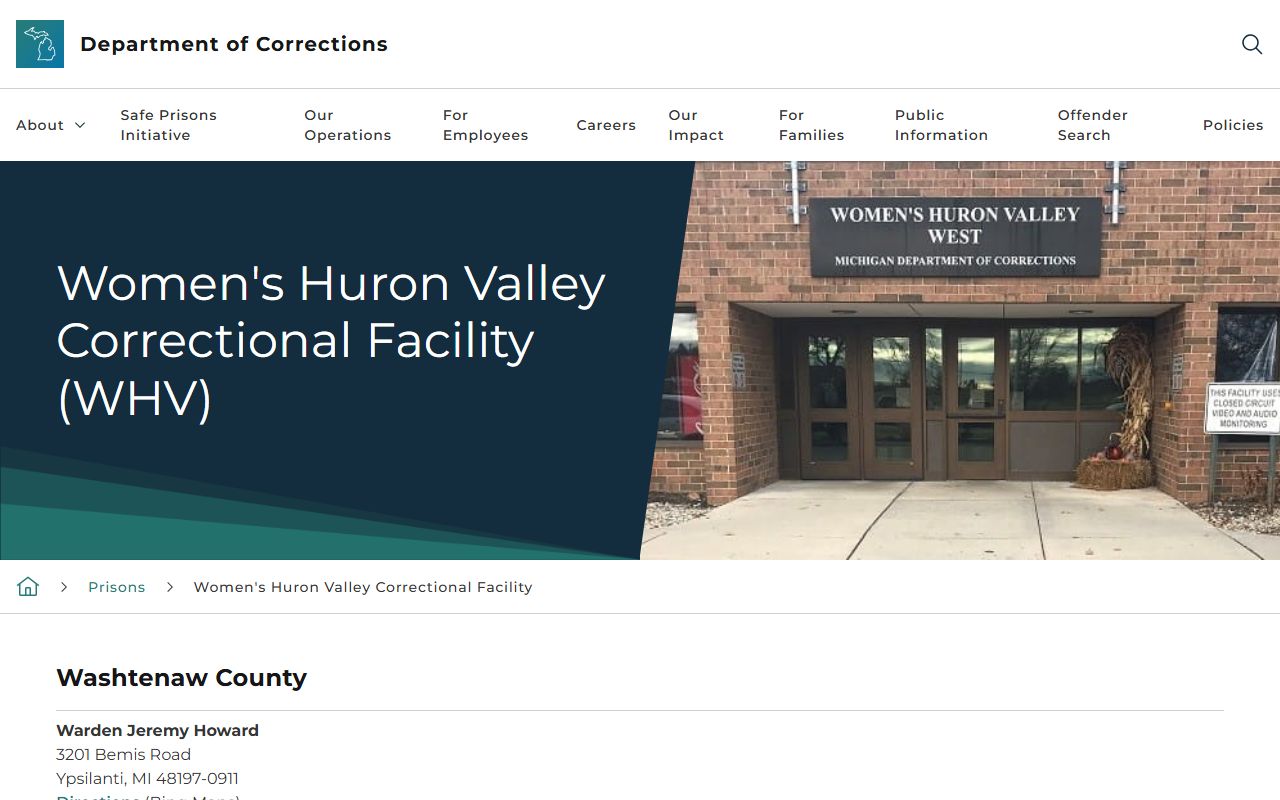 Women's Huron Valley Correctional Facility inmate lookup facility page
