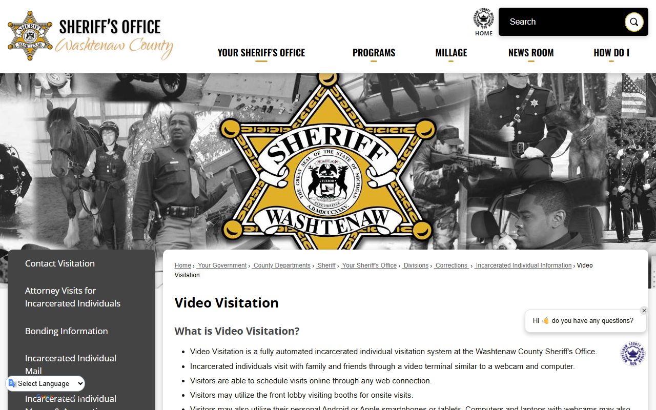 Washtenaw County inmate population video visitation search page