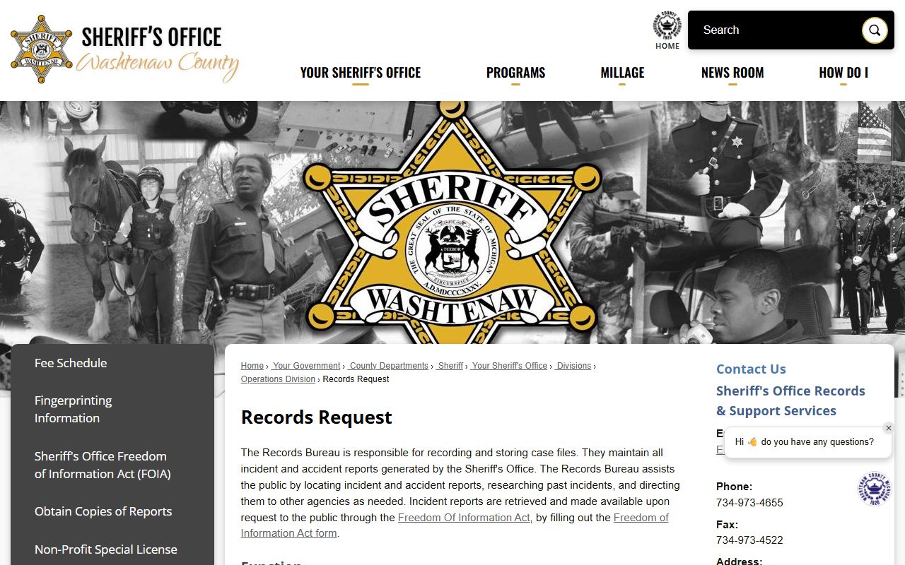 Washtenaw County booking photos records request page